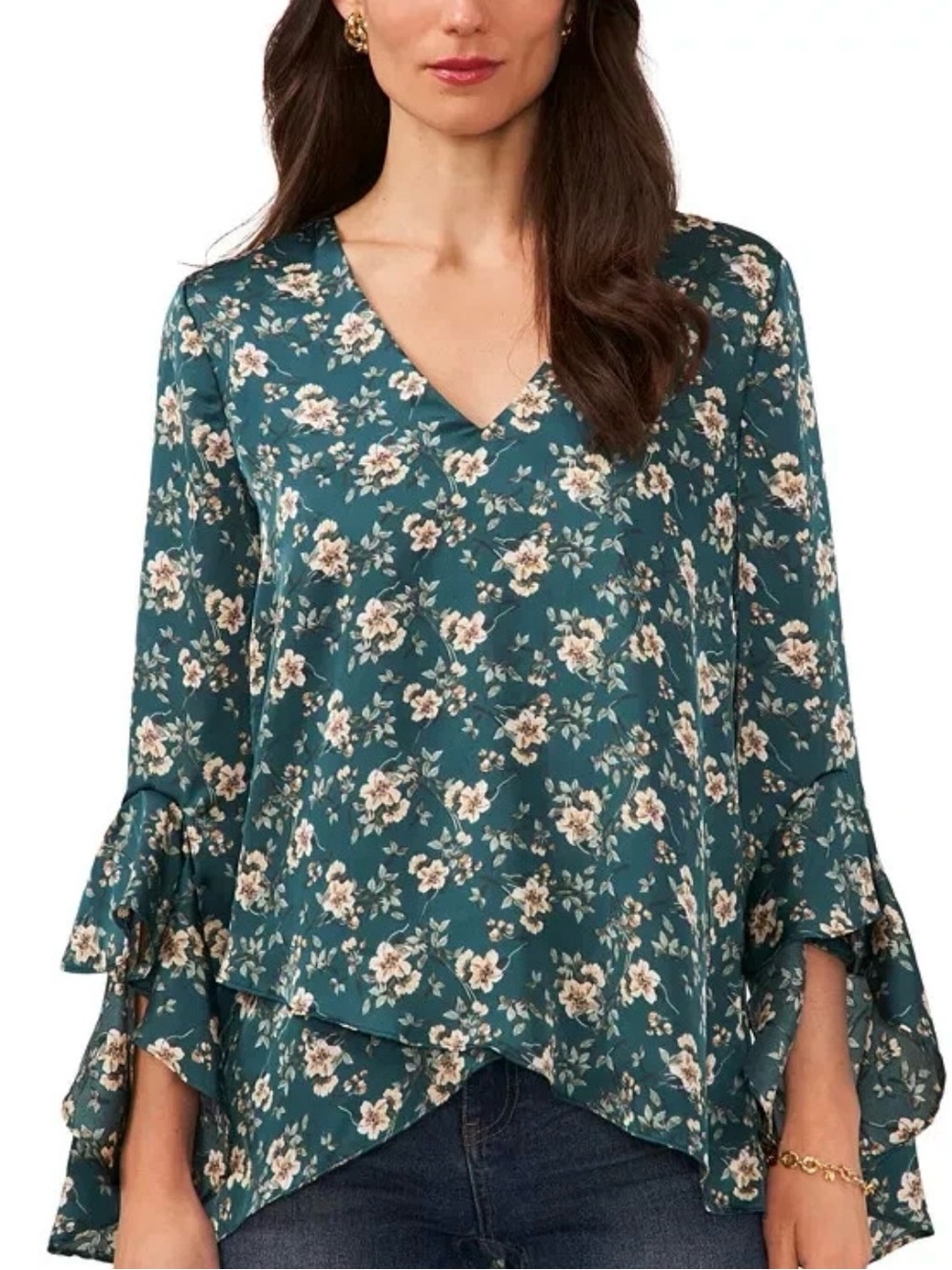 Vince Camuto Large Teal Floral V-Neck Long Flutter Sleeve Blouse